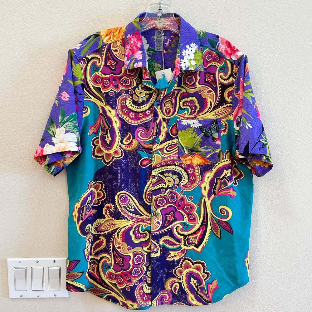 Johnny Was NWT Paisley Heart Top Blue Small Hawaiian Floral Paisley Print Unisex
